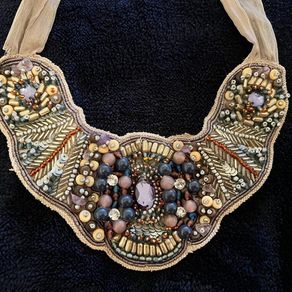 Loft Beaded Bib Necklace w/Fabric Closure - Picture 2 of 4